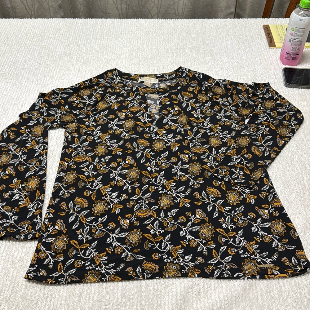 MICHAEL Michael Kors Floral Print Long Slv Top Sz Small Round Neck Black yellow